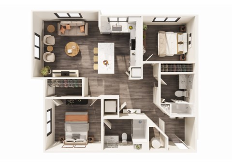 Floor plan for 2 beds, 2 baths, 1081 sqft